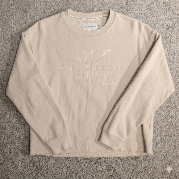 Calvin Klein Jeans Tops - Calvin Klein Jeans Monogram Logo Raw Hem Sweatshirt - Cream S